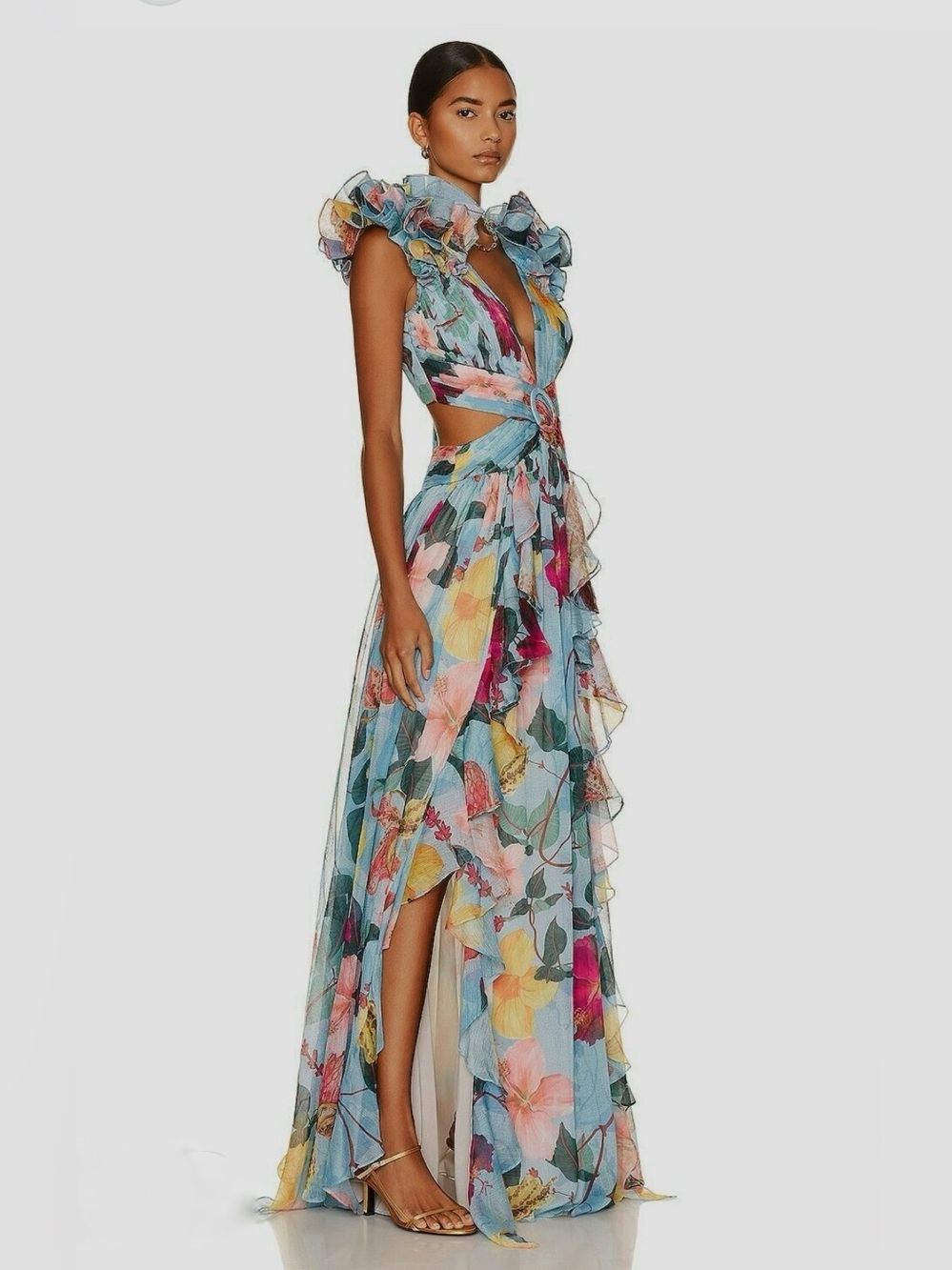 PatBO Hibiscus Flutter Sleeve Maxi Dress Celeste Floral size US 2